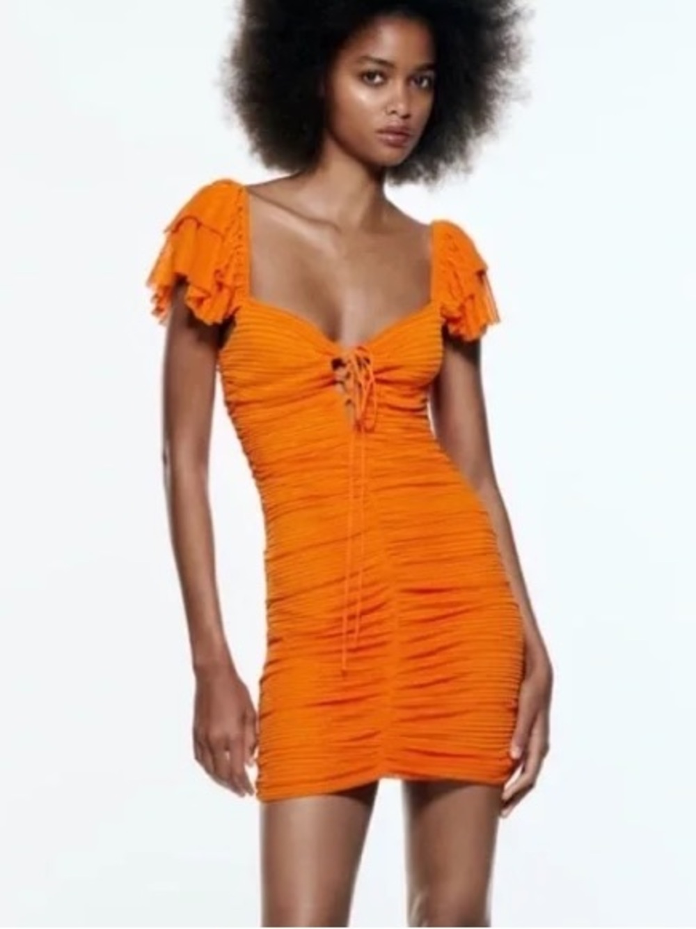 Zara Orange Pleated Ruffled Mini Dress Small